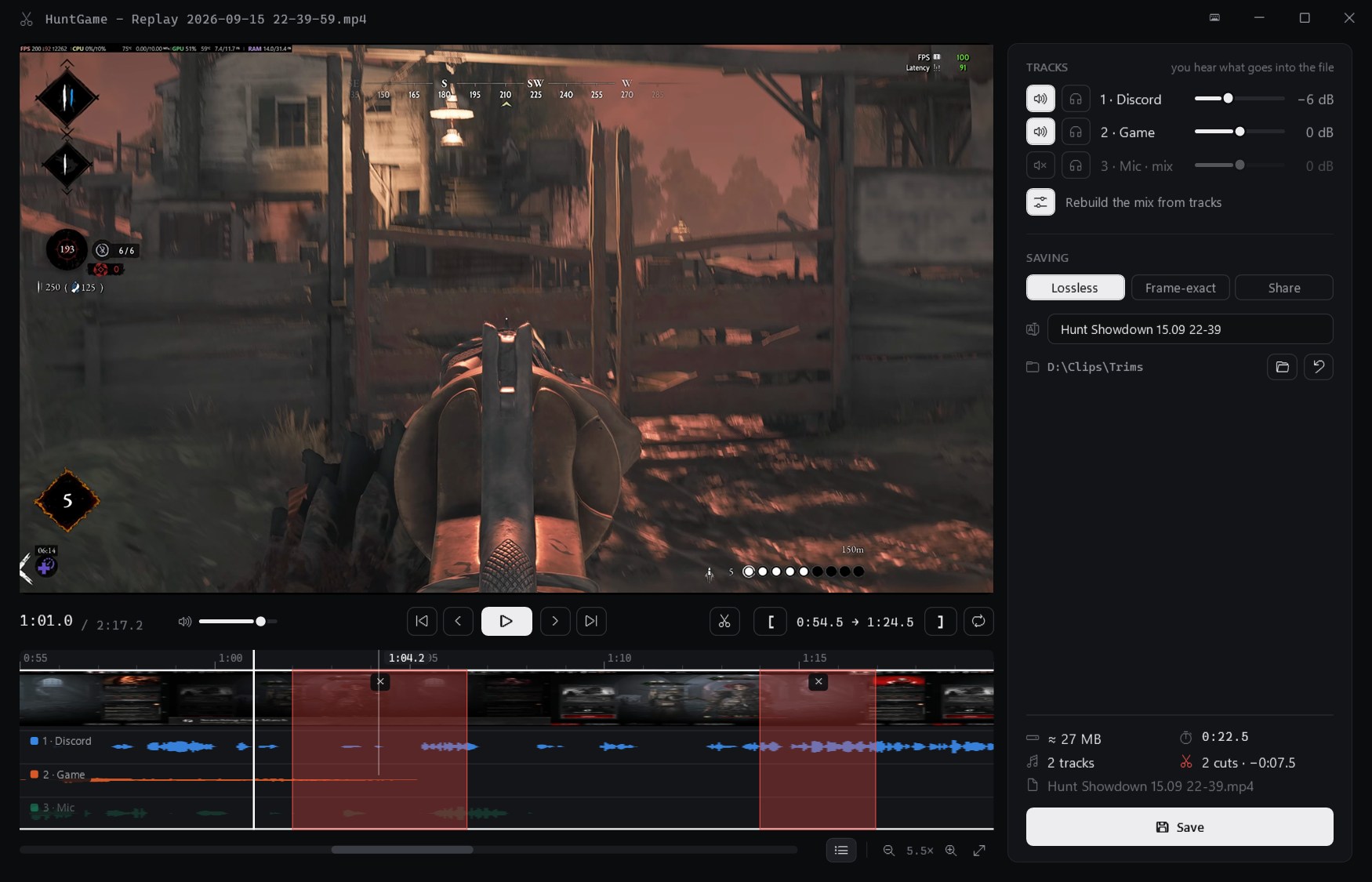 Trim editor with cuts and per-track lanes