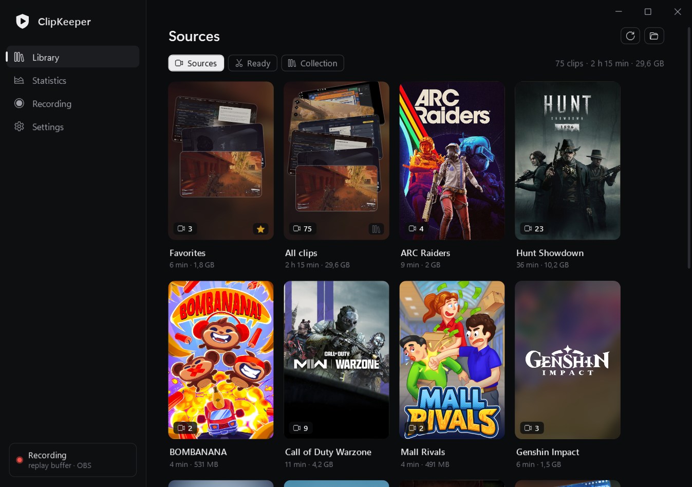 ClipKeeper library: clips grouped by game with covers