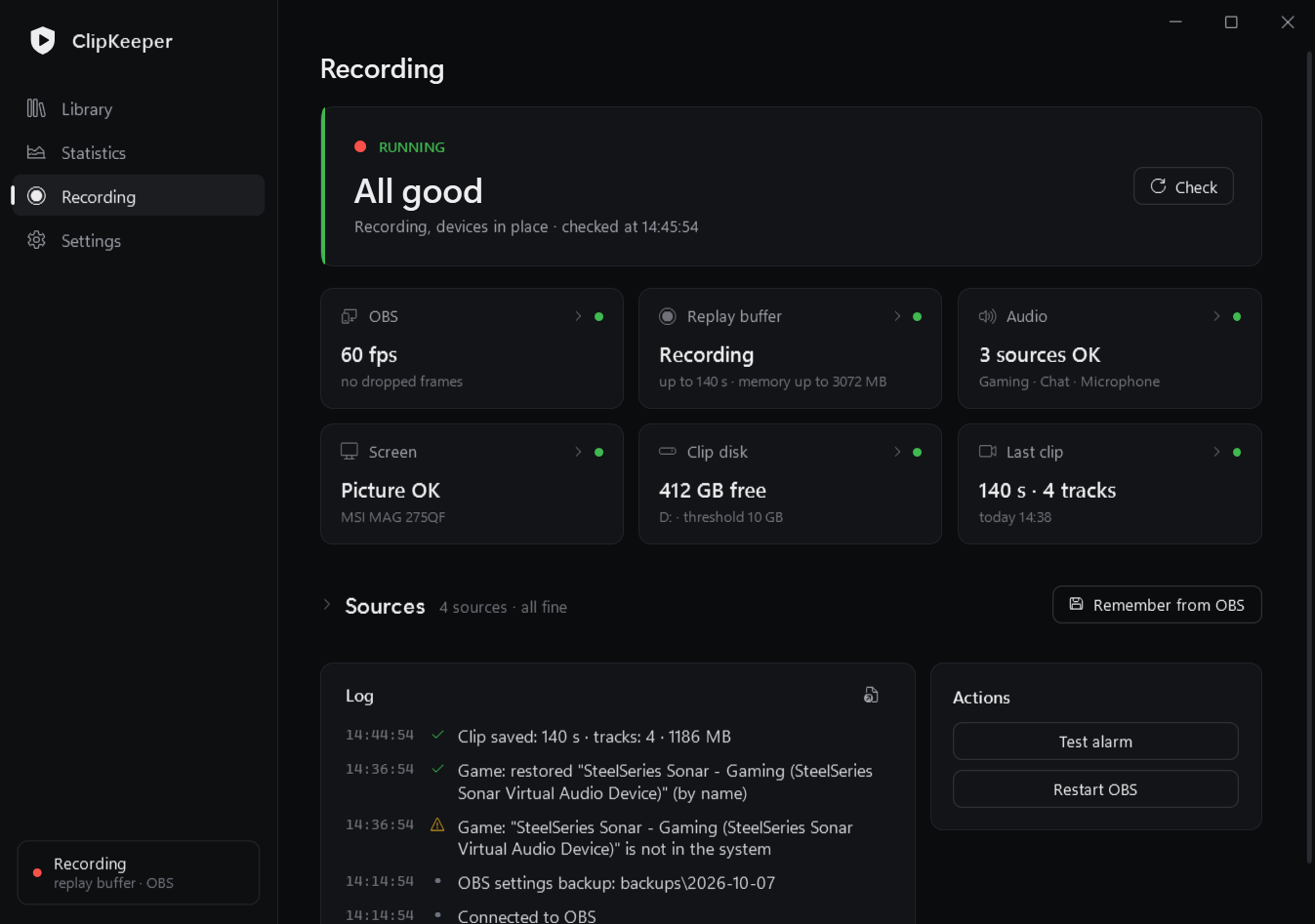 Recording page: status, tiles, sources